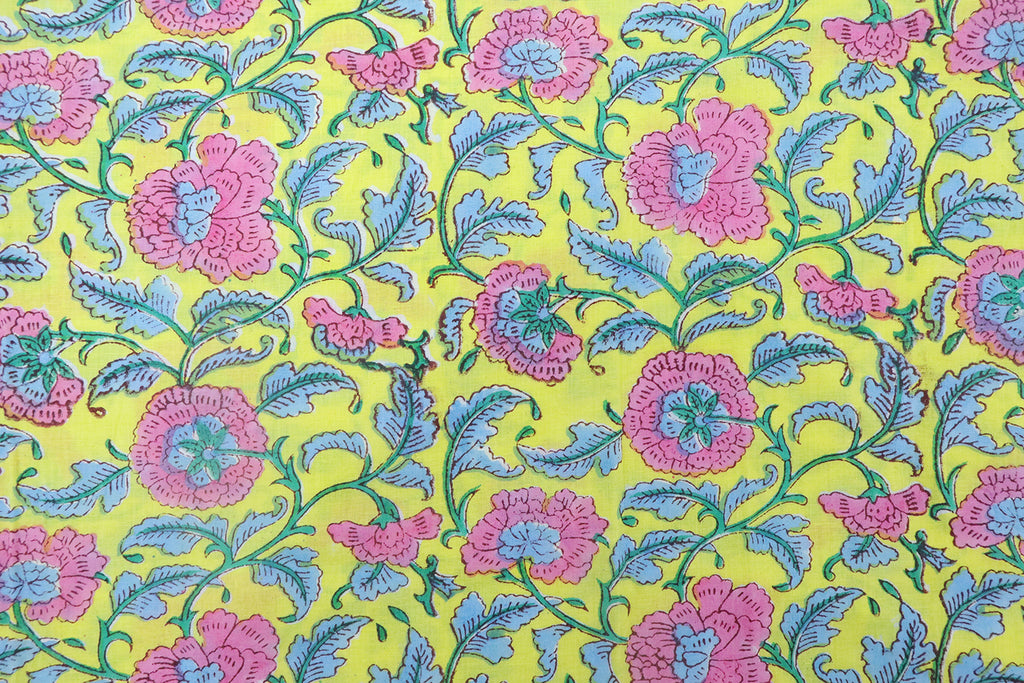 Yellow & Pink Floral Block Print Fabric: 100% Linen or Cotton By The Yard