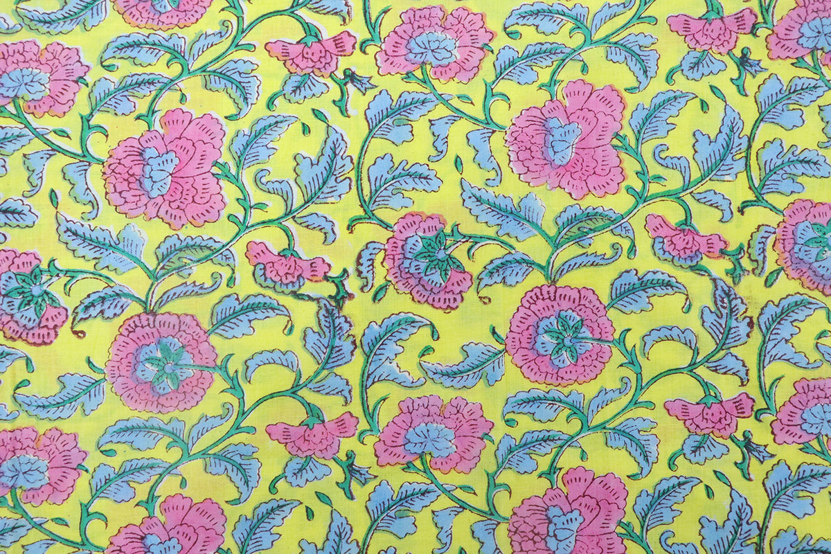 Yellow & Pink Floral Block Print Fabric: 100% Linen or Cotton By The Yard