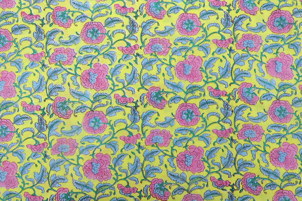 Yellow & Pink Floral Block Print Fabric: 100% Linen or Cotton By The Yard