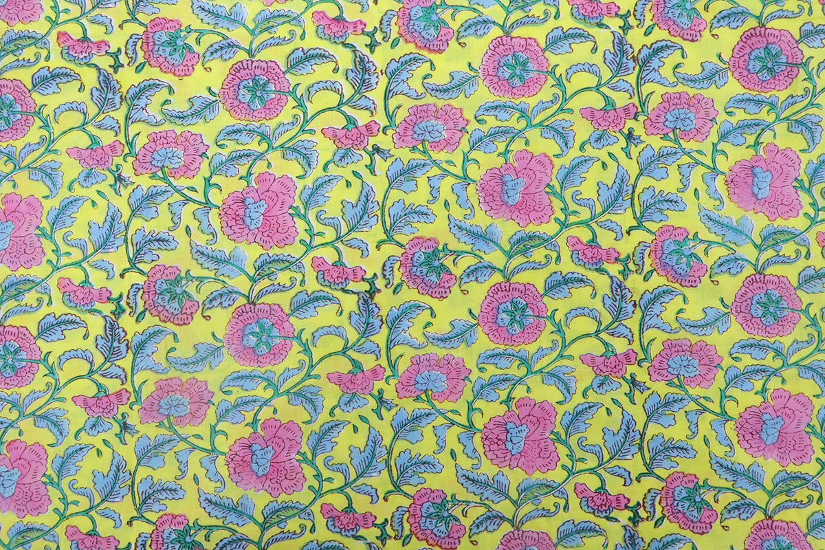 Yellow & Pink Floral Block Print Fabric: 100% Linen or Cotton By The Yard