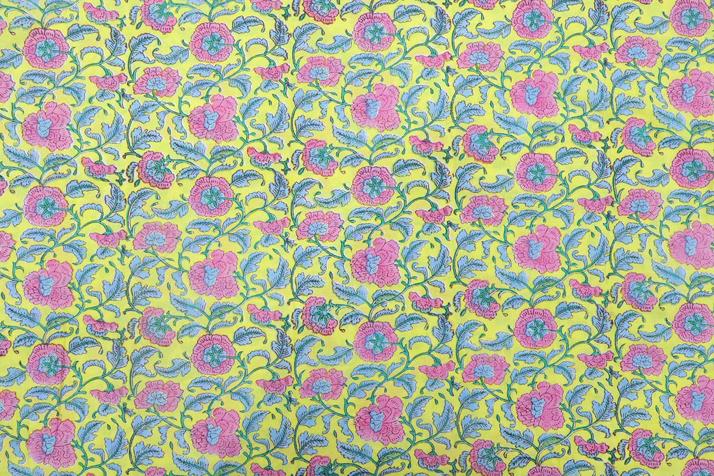 Yellow & Pink Floral Block Print Fabric: 100% Linen or Cotton By The Yard