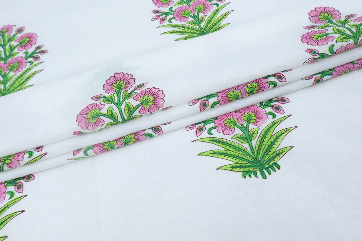 Mughal Floral Block Print Fabric: Pink, Green, and White Linen