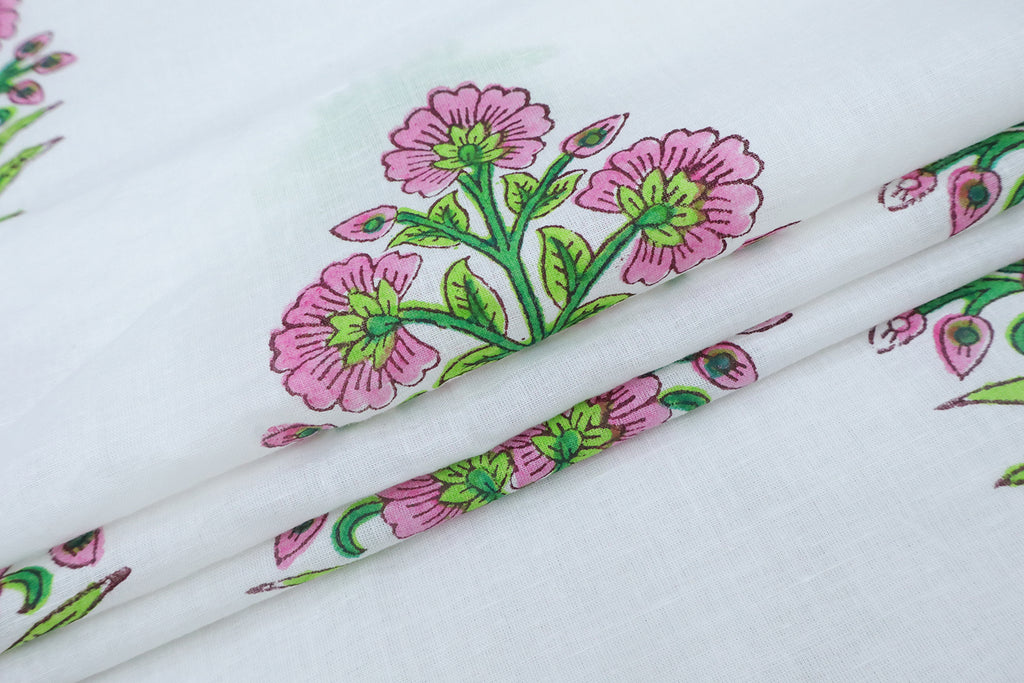 Mughal Floral Block Print Fabric: Pink, Green, and White Linen