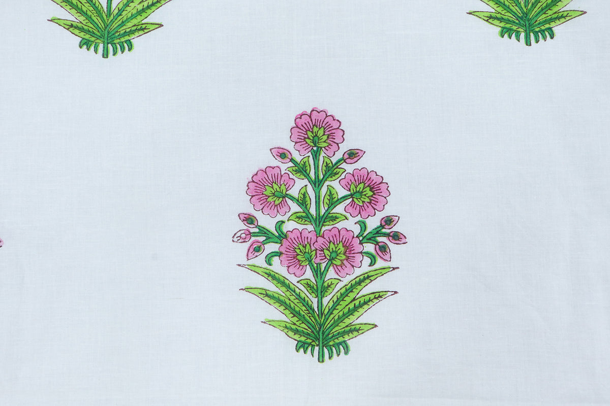 Mughal Floral Block Print Fabric: Pink, Green, and White Linen