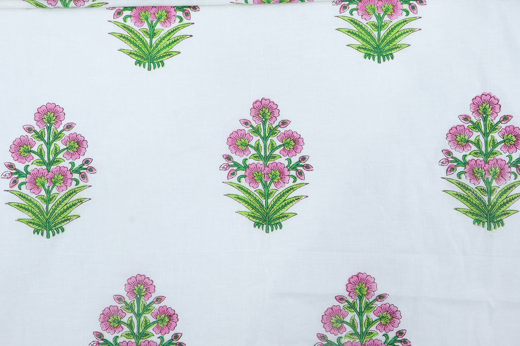 Mughal Floral Block Print Fabric: Pink, Green, and White Linen