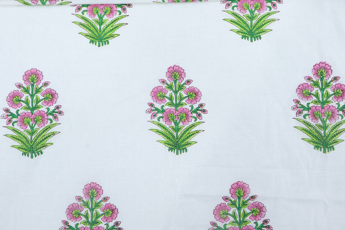 Mughal Floral Block Print Fabric: Pink, Green, and White Linen