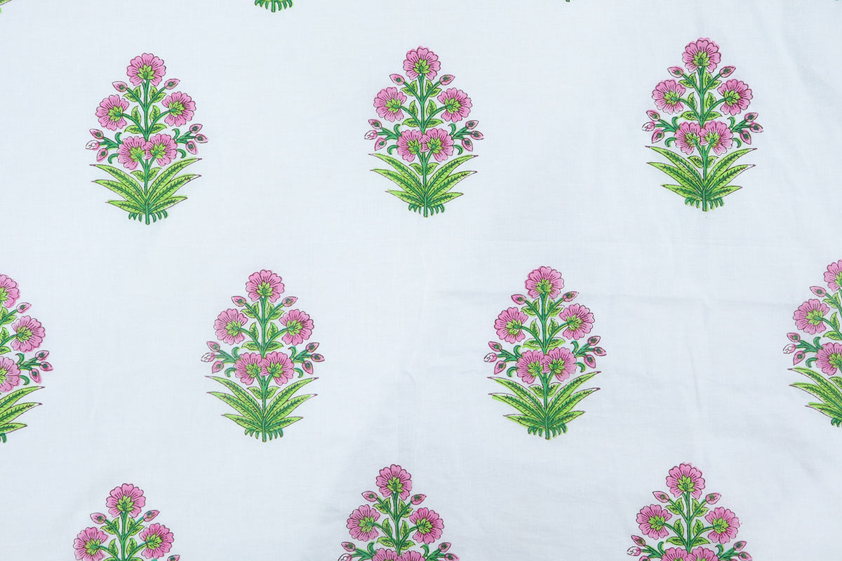 Mughal Floral Block Print Fabric: Pink, Green, and White Linen