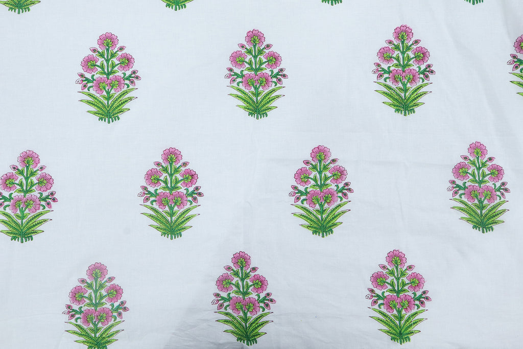 Mughal Floral Block Print Fabric: Pink, Green, and White Linen