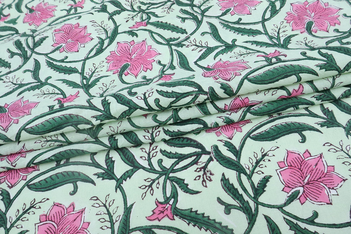 Mughal Floral Block Print Fabric: Pink, Green, and White Linen