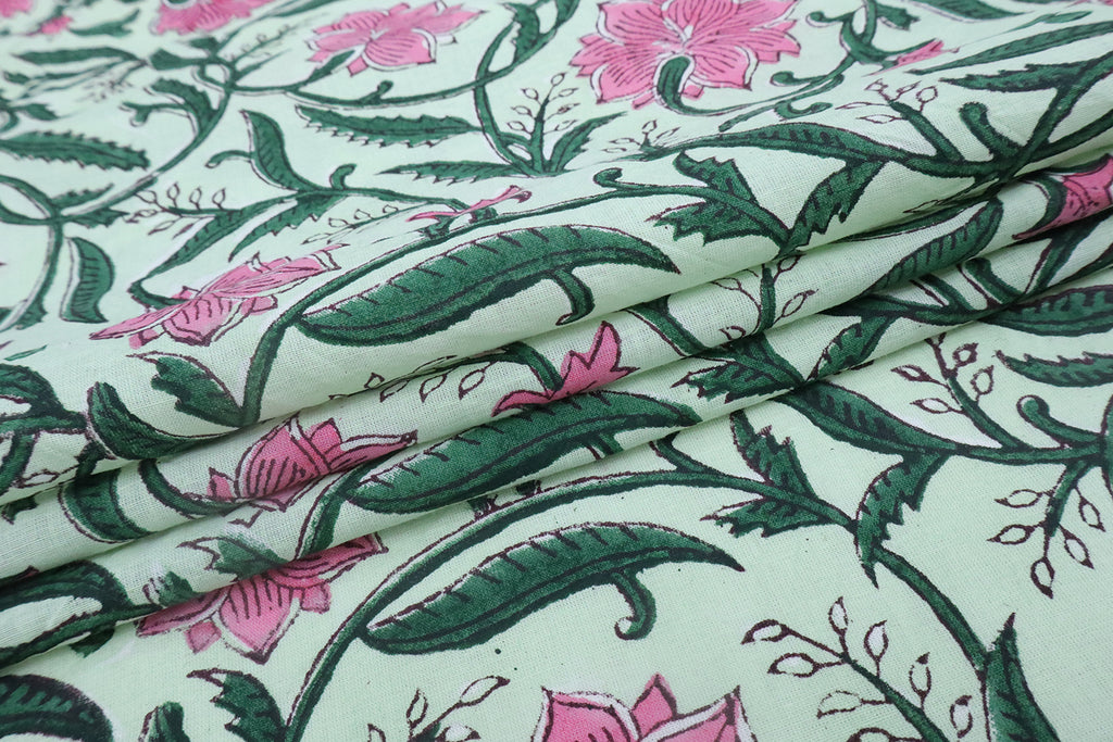 Mughal Floral Block Print Fabric: Pink, Green, and White Linen