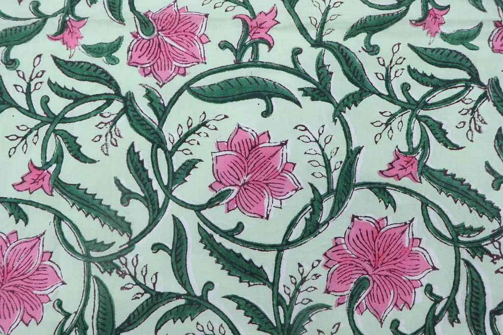 Mughal Floral Block Print Fabric: Pink, Green, and White Linen