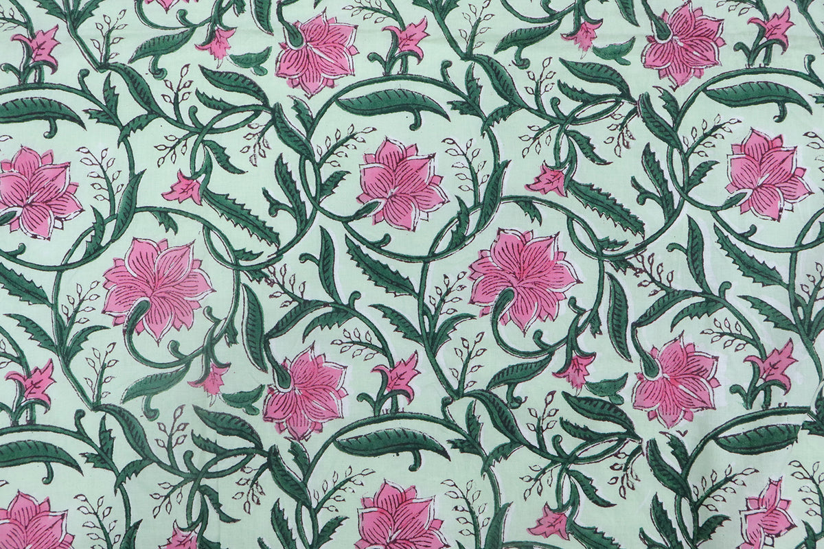 Mughal Floral Block Print Fabric: Pink, Green, and White Linen