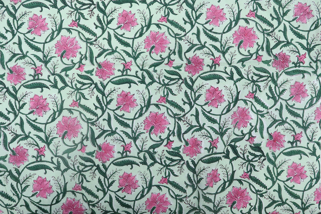 Mughal Floral Block Print Fabric: Pink, Green, and White Linen