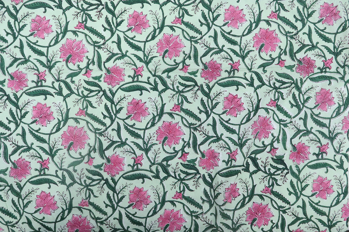 Mughal Floral Block Print Fabric: Pink, Green, and White Linen