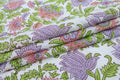 Mughal Floral Block Print Fabric: Green, Purple, and White Linen