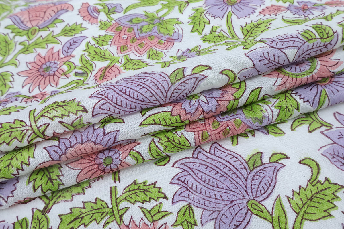 Mughal Floral Block Print Fabric: Green, Purple, and White Linen