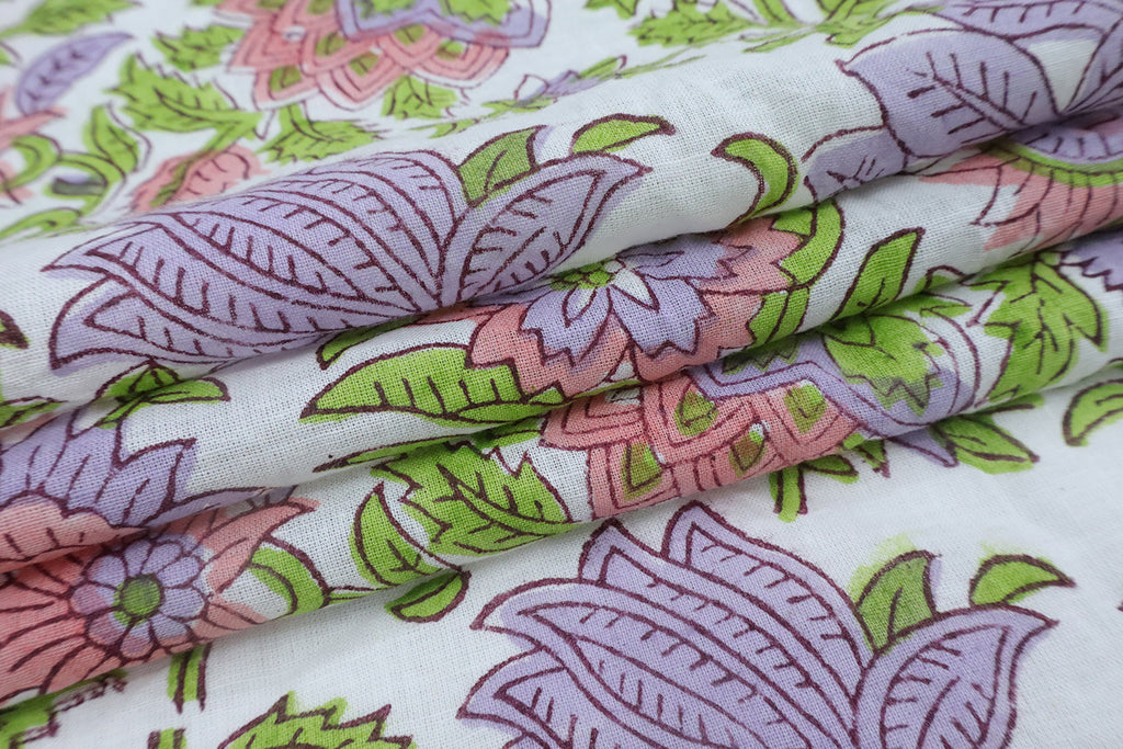 Mughal Floral Block Print Fabric: Green, Purple, and White Linen