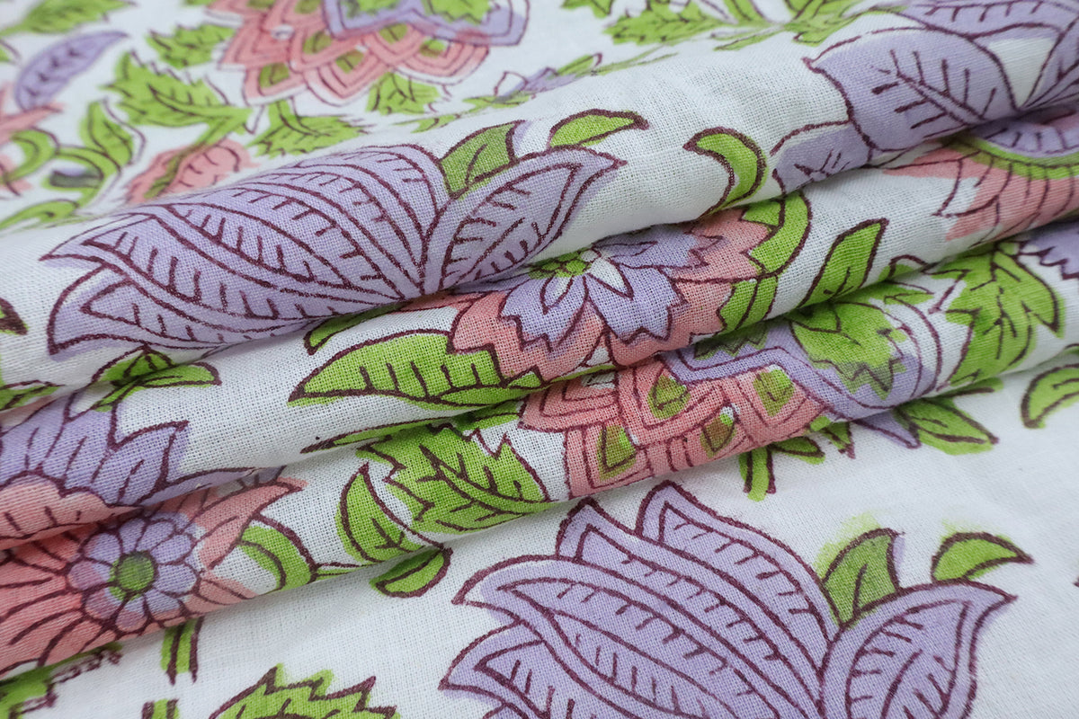 Mughal Floral Block Print Fabric: Green, Purple, and White Linen