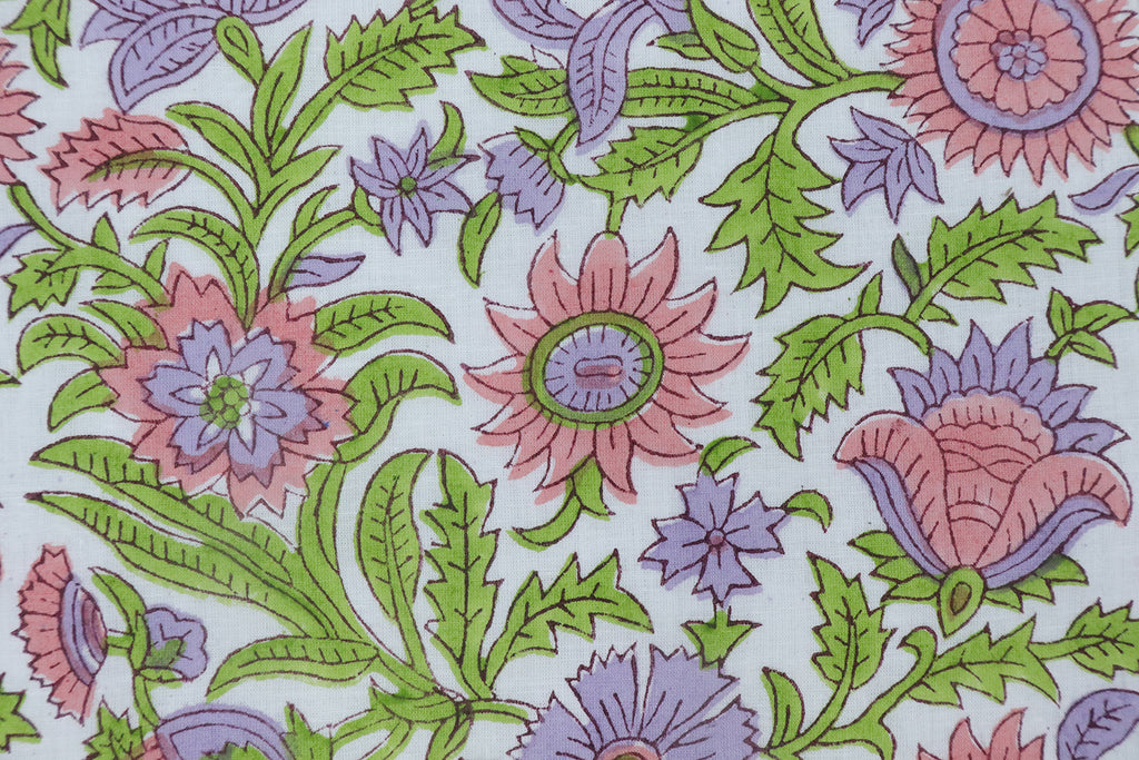 Mughal Floral Block Print Fabric: Green, Purple, and White Linen