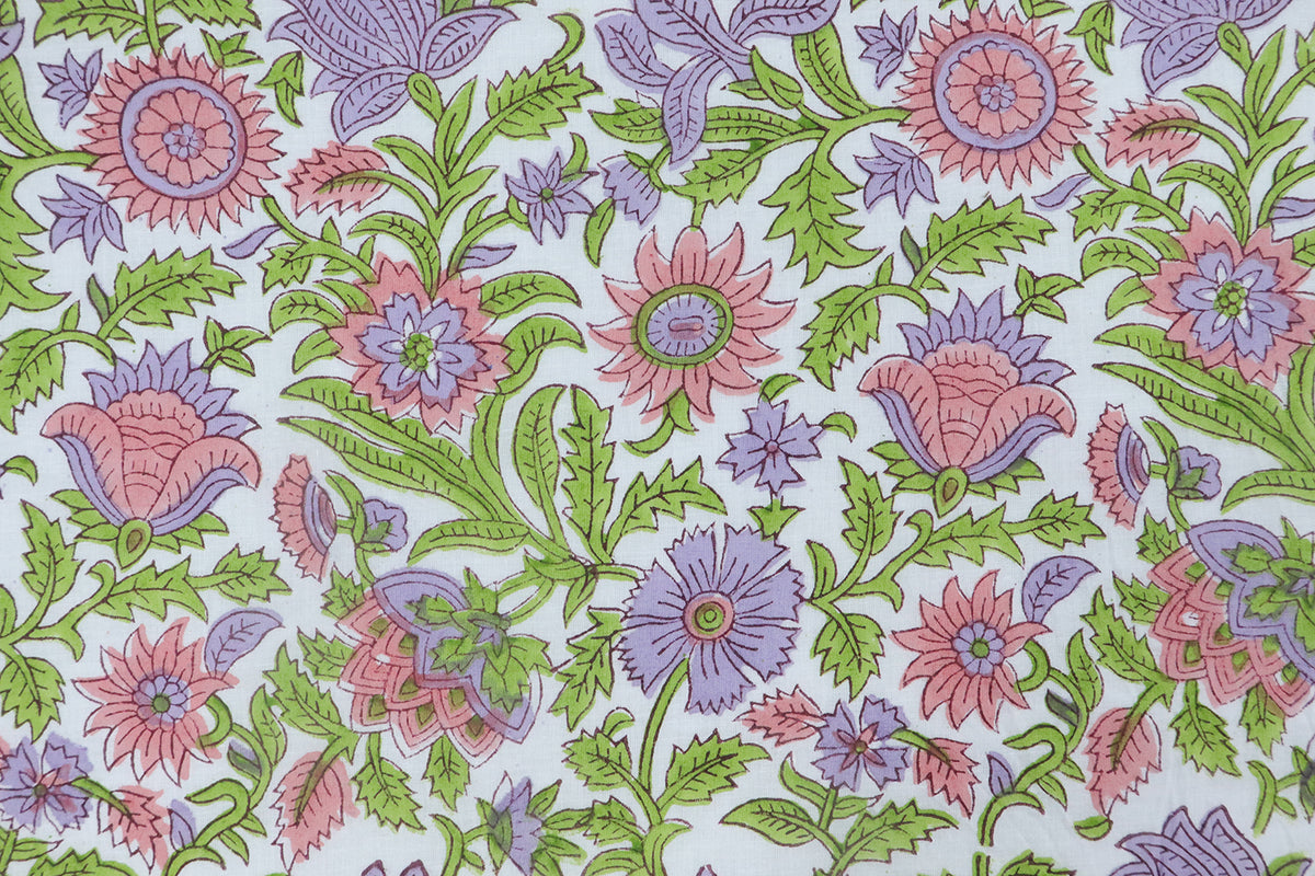 Mughal Floral Block Print Fabric: Green, Purple, and White Linen