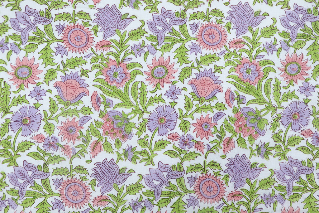 Mughal Floral Block Print Fabric: Green, Purple, and White Linen