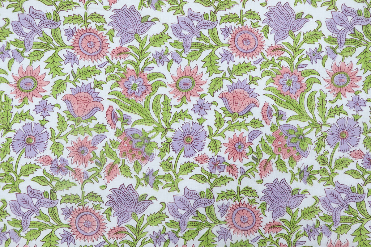 Mughal Floral Block Print Fabric: Green, Purple, and White Linen