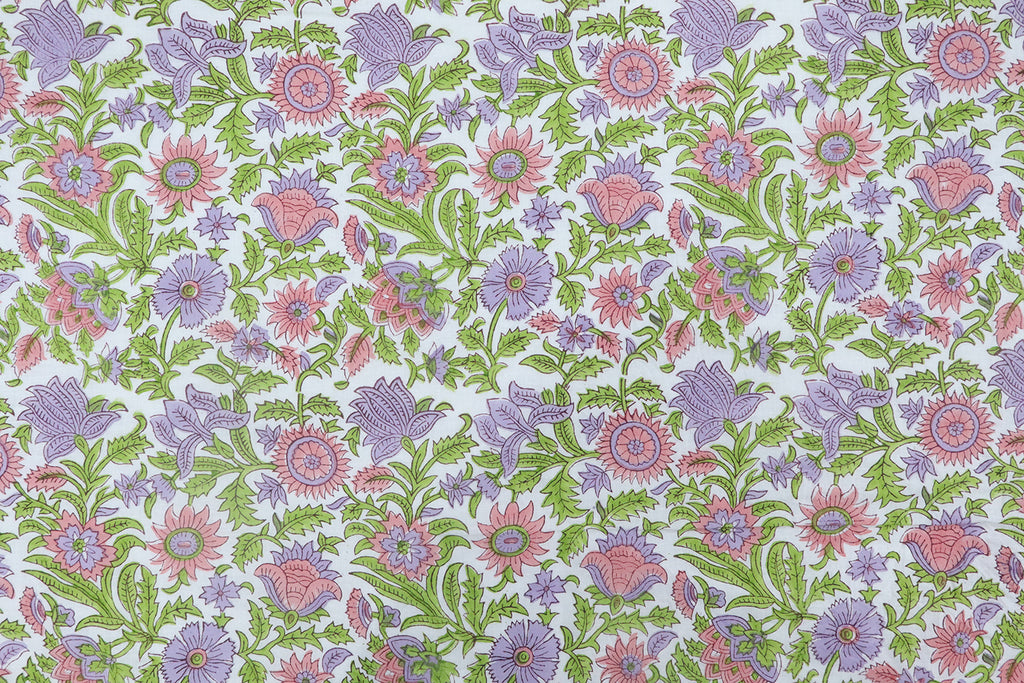 Mughal Floral Block Print Fabric: Green, Purple, and White Linen