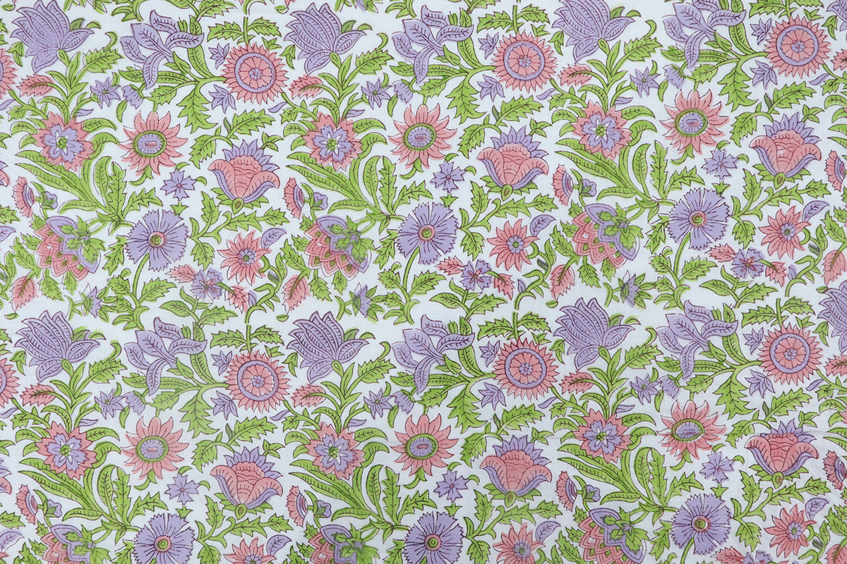 Mughal Floral Block Print Fabric: Green, Purple, and White Linen