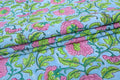 Mughal Floral Block Print Fabric: Blue, Pink & Green Linen or Cotton