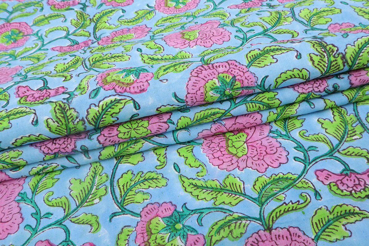 Mughal Floral Block Print Fabric: Blue, Pink & Green Linen or Cotton