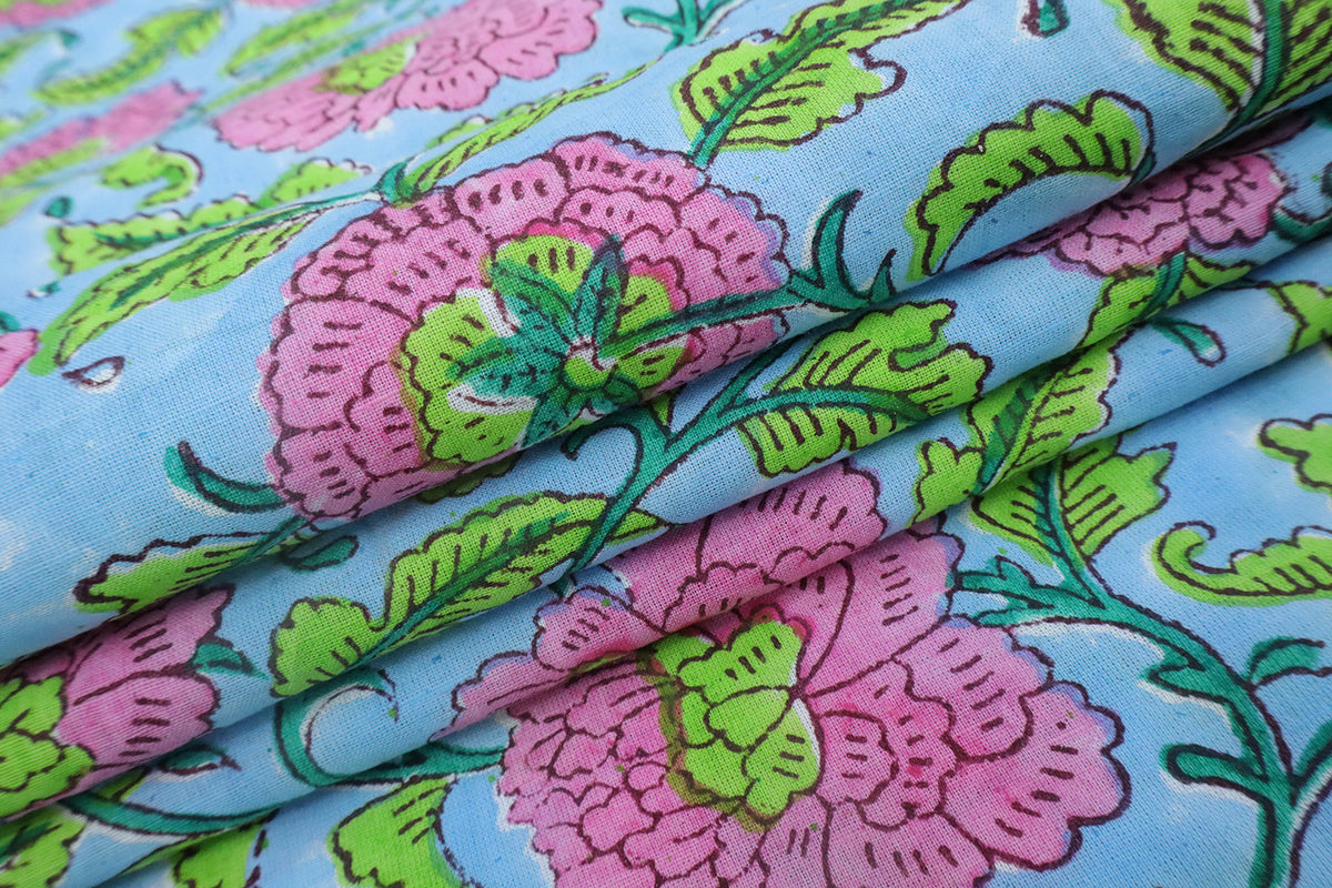 Mughal Floral Block Print Fabric: Blue, Pink & Green Linen or Cotton