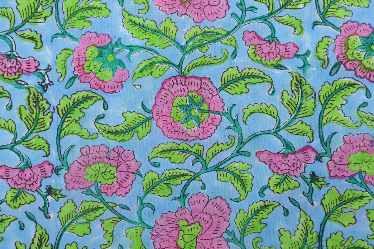 Mughal Floral Block Print Fabric: Blue, Pink & Green Linen or Cotton