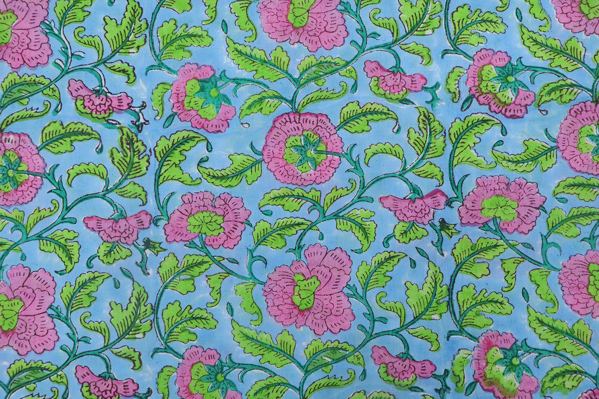 Mughal Floral Block Print Fabric: Blue, Pink & Green Linen or Cotton