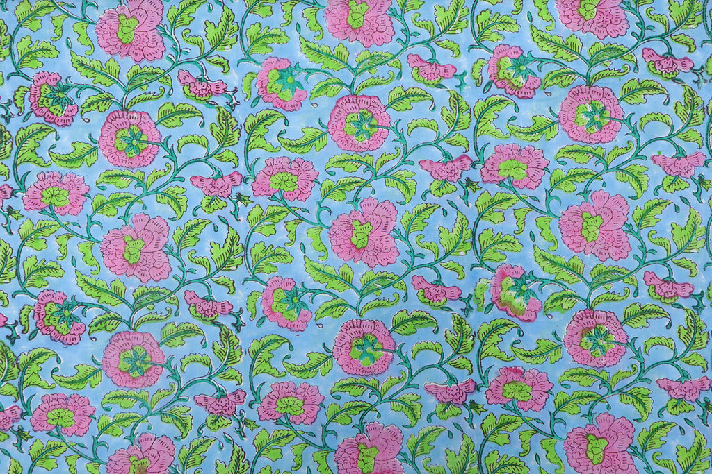 Mughal Floral Block Print Fabric: Blue, Pink & Green Linen or Cotton
