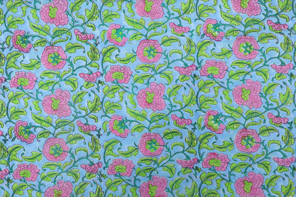 Mughal Floral Block Print Fabric: Blue, Pink & Green Linen or Cotton