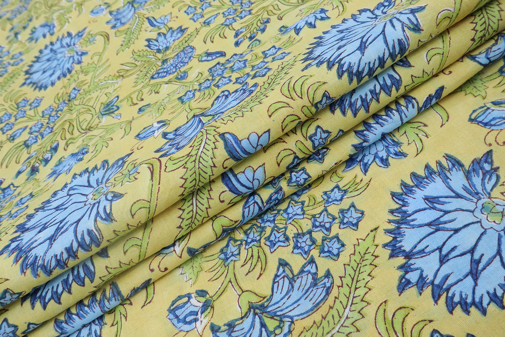 Yellow Floral Linen Fabric, Blue Mughal Block Print, By The Yard