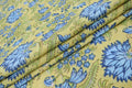 Yellow Floral Linen Fabric, Blue Mughal Block Print, By The Yard