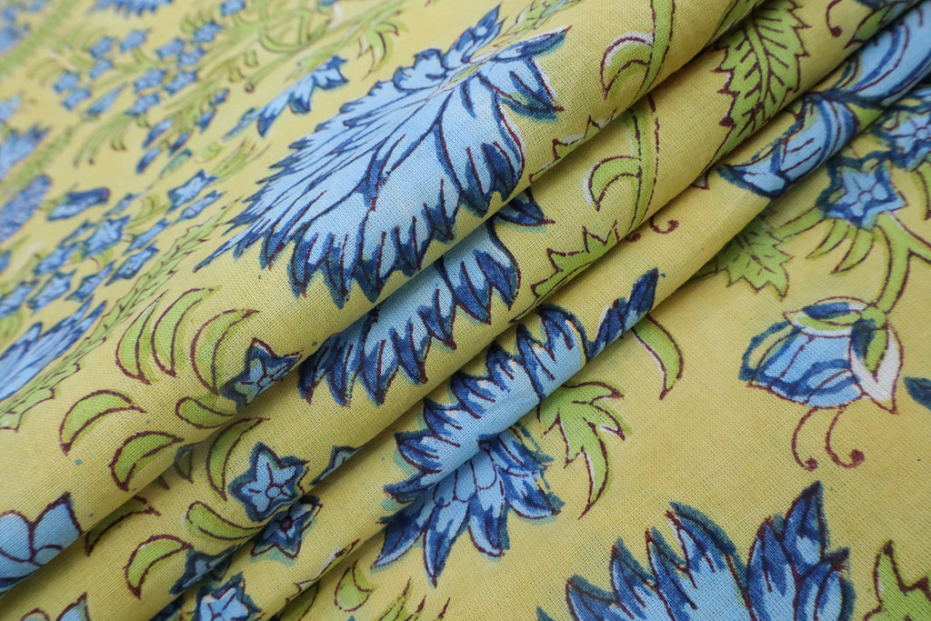 Yellow Floral Linen Fabric, Blue Mughal Block Print, By The Yard