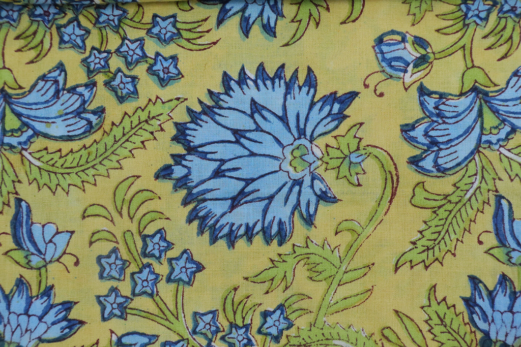 Yellow Floral Linen Fabric, Blue Mughal Block Print, By The Yard