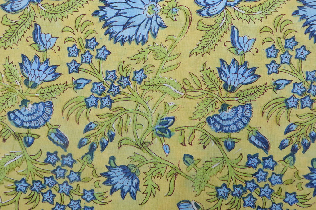 Yellow Floral Linen Fabric, Blue Mughal Block Print, By The Yard