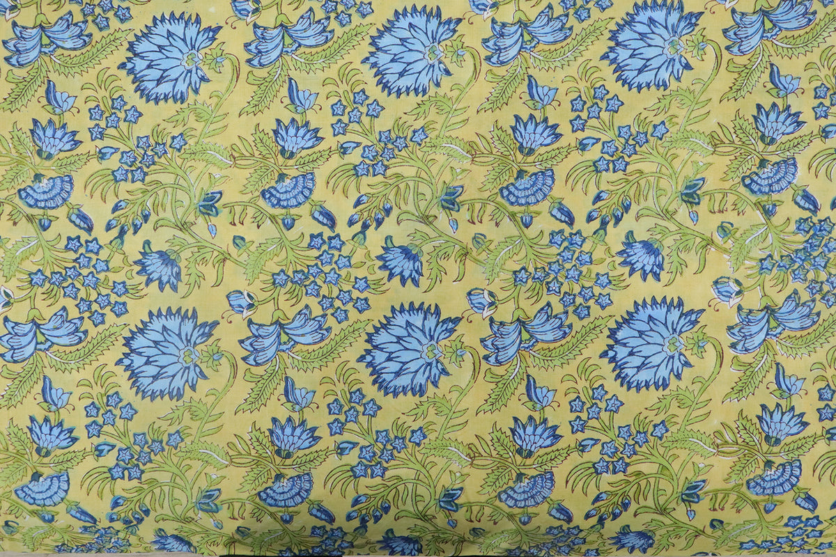 Yellow Floral Linen Fabric, Blue Mughal Block Print, By The Yard