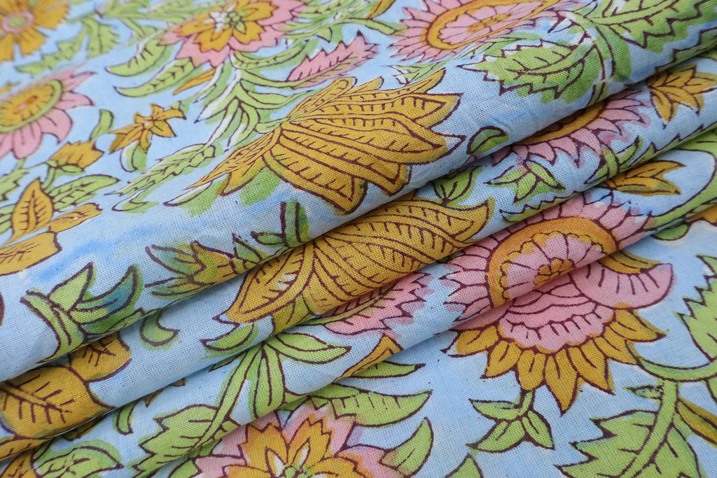 Pink & Blue Floral Block Print Linen Fabric - Indian Mughal Style