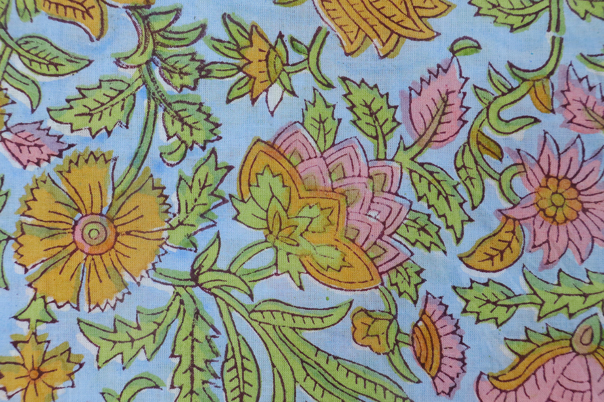 Pink & Blue Floral Block Print Linen Fabric - Indian Mughal Style