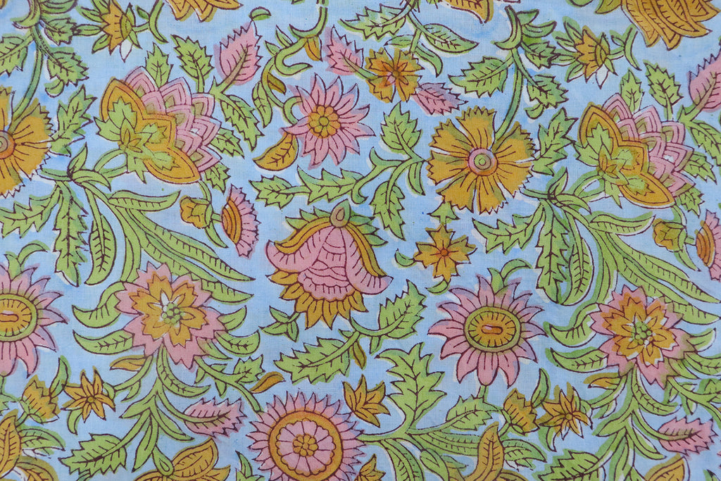 Pink & Blue Floral Block Print Linen Fabric - Indian Mughal Style