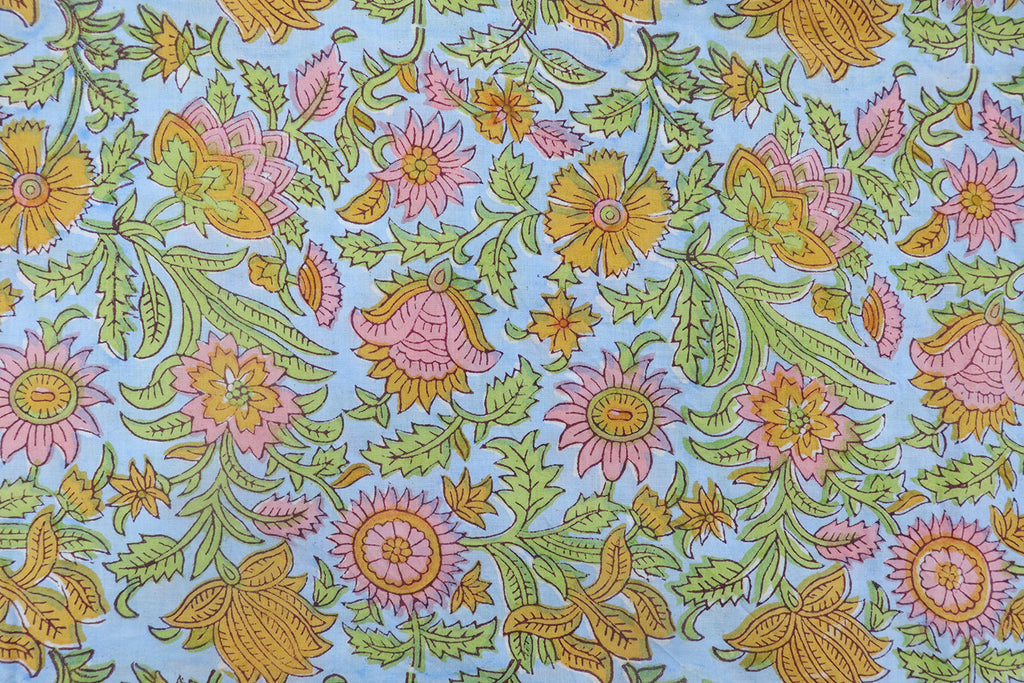 Pink & Blue Floral Block Print Linen Fabric - Indian Mughal Style