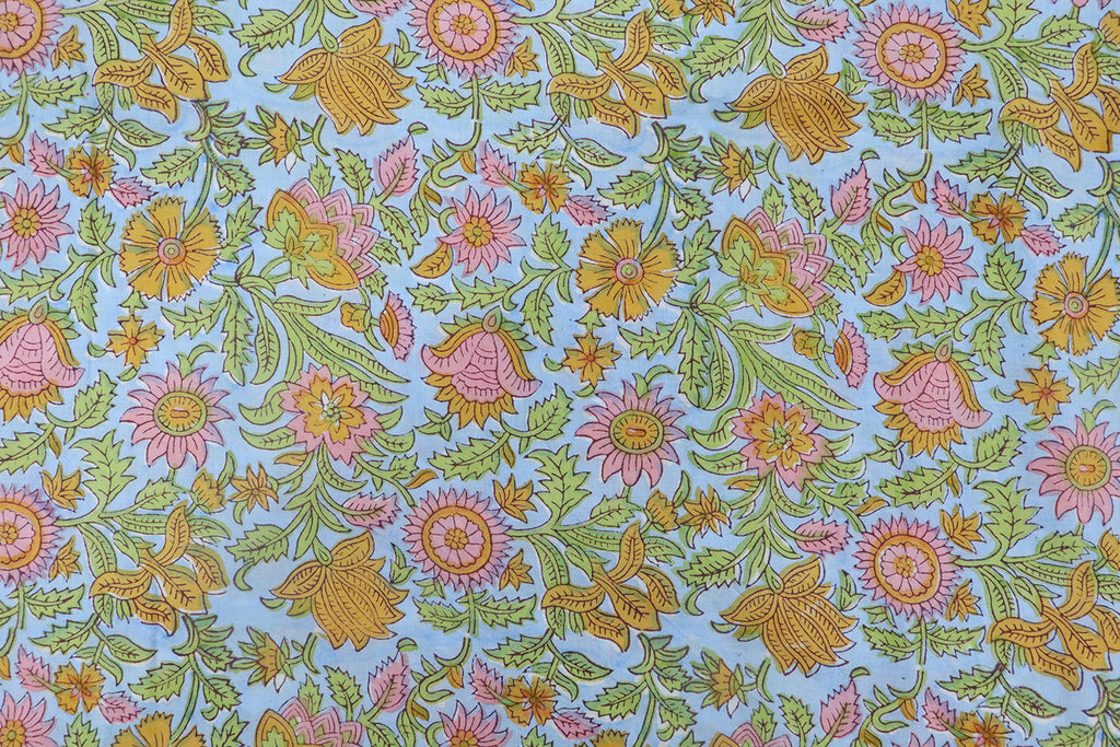 Pink & Blue Floral Block Print Linen Fabric - Indian Mughal Style