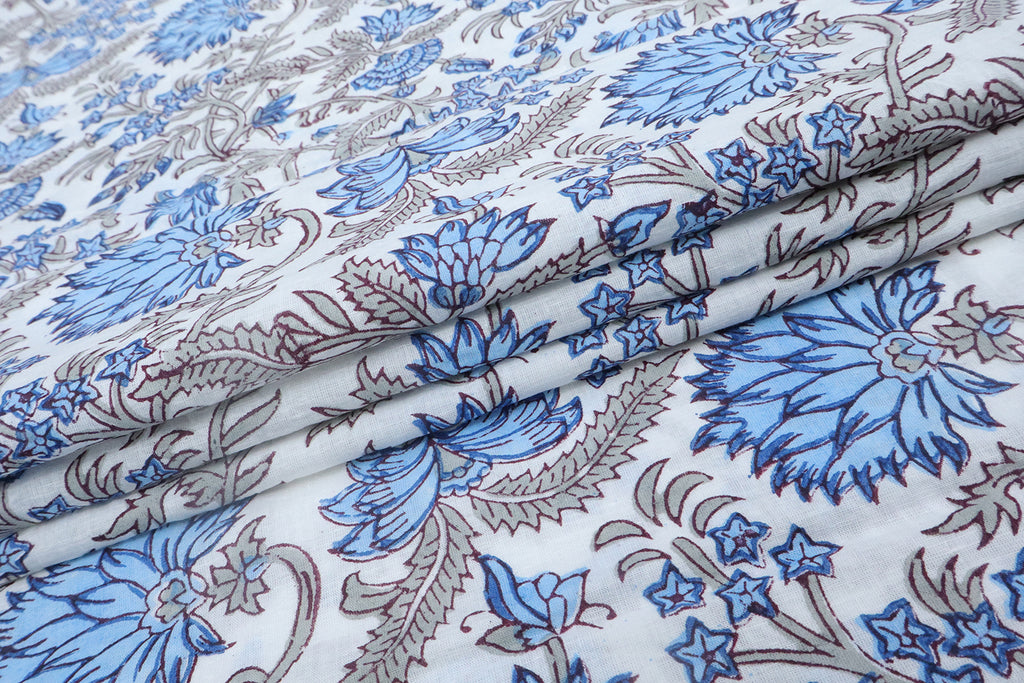 Blue and White block print floral fabric, 100% linen fabric by the yard, pure cotton block print fabric by the meter