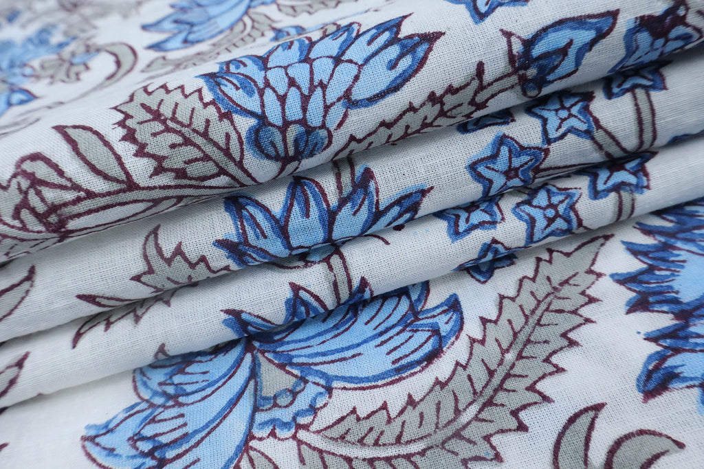 Blue and White block print floral fabric, 100% linen fabric by the yard, pure cotton block print fabric by the meter