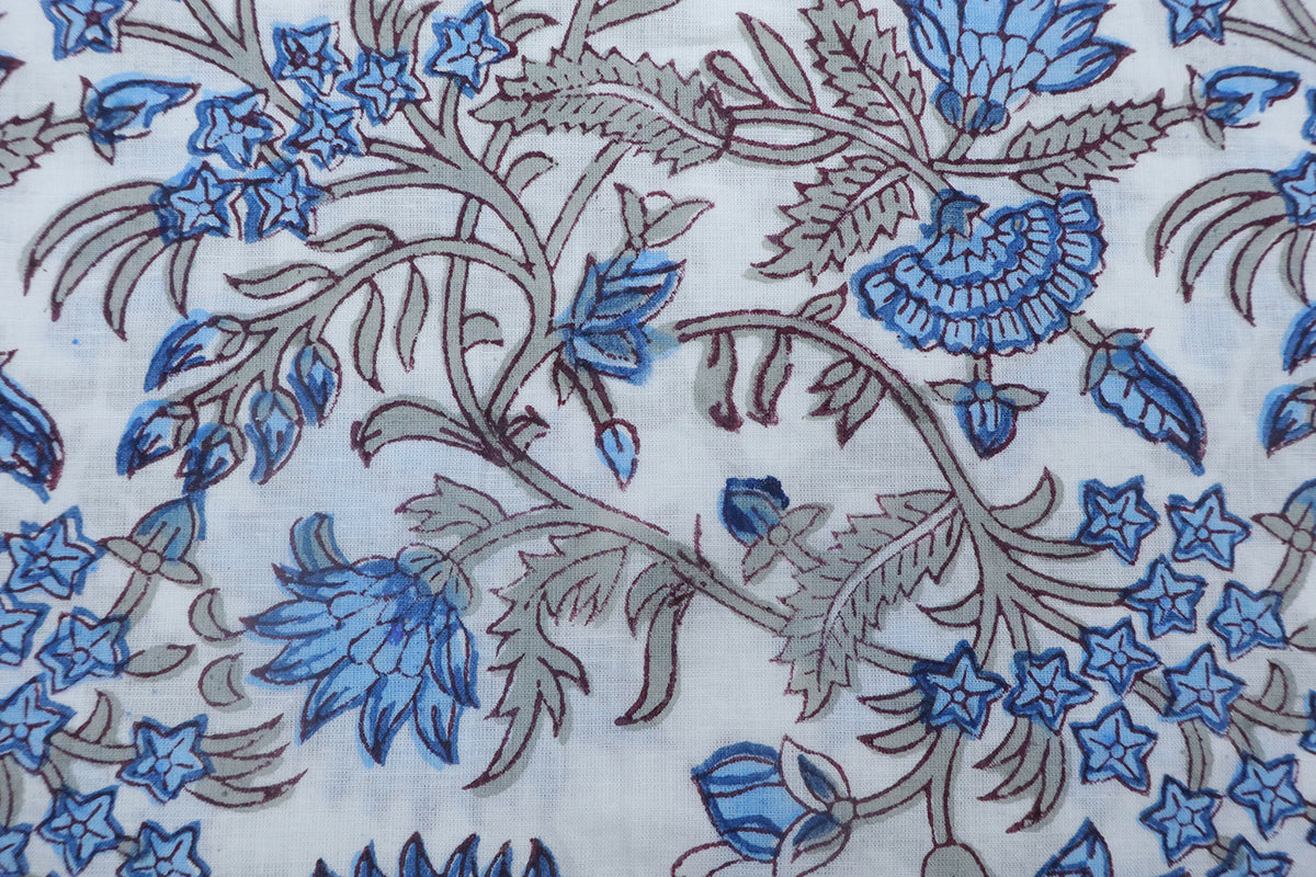 Blue and White block print floral fabric, 100% linen fabric by the yard, pure cotton block print fabric by the meter