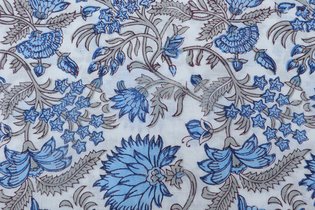 Blue and White block print floral fabric, 100% linen fabric by the yard, pure cotton block print fabric by the meter